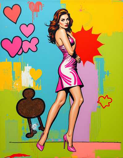 The image is a vibrant, pop art-style illustration featuring a striking woman with long, wavy red hair and bright red lipstick. She is dressed in a tight, sleeveless pink dress with white accents and high heels, exuding a confident and alluring presence. The background is a dynamic blend of colors, including shades of blue, yellow, green, and purple, with various abstract shapes and patterns. Notably, there are several hearts in different colors—pink, yellow, and red—scattered throughout the composition. A prominent red starburst shape is positioned to her right, adding to the energetic feel of the artwork. The woman stands on a pink floor, with her body angled to the right while she looks directly at the viewer, creating a captivating focal point. The overall style is reminiscent of 1980s pop art, with bold colors and graphic elements that give it a lively and nostalgic feel.