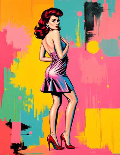 The image is a vibrant, cartoon-style painting of a woman with long, curly red hair, styled in a 1950s fashion. She is wearing a strapless, short pink dress that accentuates her figure, and red high heels. The woman is posed with her back to the viewer, but her head is turned over her right shoulder, looking directly at the camera. Her right arm is bent at the elbow, with her hand resting on her hip, while her left arm is positioned in front of her body. The background is a dynamic explosion of colors, featuring splashes and streaks of pink, yellow, blue, green, and black, creating a lively and artistic backdrop. The overall composition is reminiscent of a 1950s pin-up style, with the woman's striking appearance and the bold, colorful background making for a captivating visual.