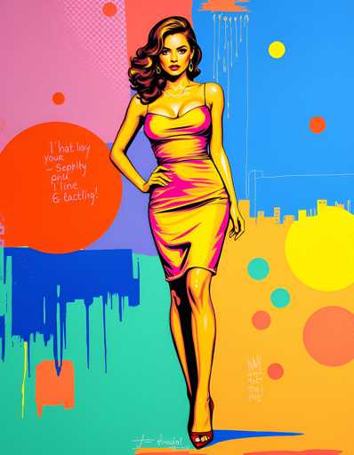 The image depicts a woman wearing a yellow dress with her left hand on her hip and her right hand resting on her thigh. The background features a vibrant mix of pink, blue, orange, green, and yellow circles, creating an abstract backdrop that complements the woman's attire.