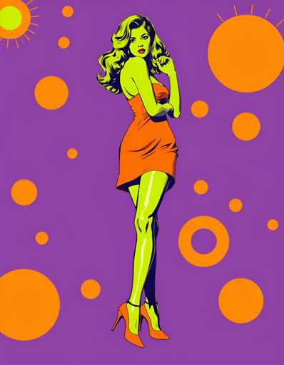 The image depicts a woman with long blonde hair wearing an orange dress and red heels standing against a purple background adorned with orange circles. The woman is positioned centrally within the frame, facing towards the right side of the image.