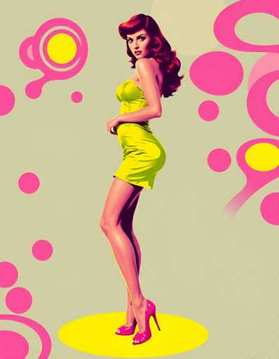 The image is a vibrant, retro-style illustration reminiscent of 1950s or 1960s pop art. It features a woman with long, wavy red hair and dark eyes, standing in a confident pose. She is wearing a tight-fitting, bright yellow dress that accentuates her figure, paired with pink high heels. Her body is turned slightly to the left, but her head is turned back towards the viewer, with her gaze directed over her shoulder. The background is a light gray or beige, adorned with various pink and yellow circles and abstract shapes, adding to the dynamic and lively feel of the artwork. The woman stands on a yellow oval shape, which contrasts with the surrounding colors and shapes, making her the focal point of the image.