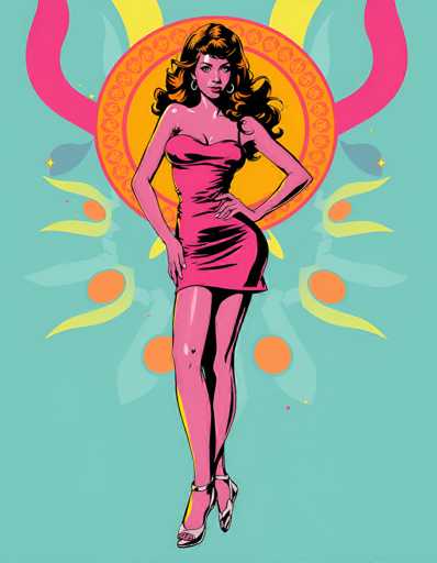 The image is a vibrant, cartoon-style illustration of a woman with long, dark brown hair that cascades down to her shoulders. She is depicted with a confident stance, one hand resting on her hip and the other on her thigh. She is wearing a tight, strapless pink dress that falls just above her knees, paired with silver high heels. Her skin has a pinkish hue, and she accessorizes with silver hoop earrings. The background is a light blue, almost teal color, adorned with a large, orange sun at the center. This sun features a pink border and is surrounded by intricate patterns of yellow and blue leaves, along with orange circles. The overall composition gives the impression of a stylized, retro poster, reminiscent of 1950s or 1960s art.