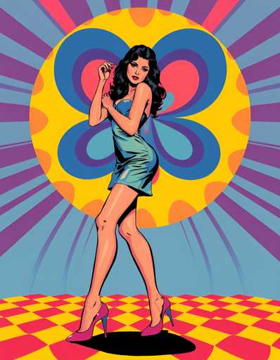 A woman is standing on a checkered floor with her arms raised and legs apart, wearing a blue dress and high heels. The background features a large circular pattern of blue and yellow shapes, creating an abstract art style reminiscent of the Pop Art movement.