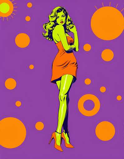 This vibrant, cartoon-style illustration features a striking woman with long, wavy blonde hair, standing confidently in the center of the image. She is dressed in a short, orange dress that complements her matching orange high heels. Her skin has a unique greenish hue, adding to the whimsical feel of the artwork. The background is a rich purple, adorned with various orange circles of different sizes, some of which are hollow. Notably, there are two prominent sun-like circles in the top left and right corners of the image, each with a green dot at their centers, further enhancing the surreal atmosphere. The woman's pose is dynamic, with her left arm bent and her hand resting on her hip, while her right arm is positioned behind her. She gazes directly at the viewer, creating a sense of engagement. The overall composition is both colorful and captivating, with the woman's green skin and orange attire providing a bold contrast against the purple backdrop.