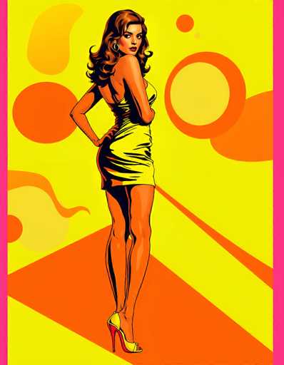 The image is a vibrant, cartoon-style illustration of a woman with long, wavy brown hair cascading down her back. She is wearing a tight-fitting, yellow dress that accentuates her figure, paired with matching yellow high heels. The woman stands confidently with her left hand on her hip, her body facing away from the viewer while she looks back over her shoulder with a serious expression. Her right arm is bent at the elbow, resting on her waist. The background is a striking yellow, adorned with various orange shapes, including circles, ovals, and a large orange triangle that extends from the bottom left corner to the top right. The overall composition is framed by a thin pink border, adding a touch of contrast to the vivid color palette.