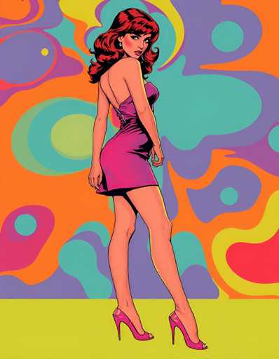 This vibrant, cartoon-style illustration features a striking woman with long, wavy red hair cascading down her back. She stands confidently, facing slightly to the right, with her head turned over her right shoulder, gazing directly at the viewer. Her attire is a form-fitting, short pink dress that accentuates her figure, complete with a black slip underneath and matching pink high heels. She accessorizes with dangling earrings, adding a touch of elegance to her look. The background is a dynamic swirl of colors—purple, orange, yellow, and green—creating a lively, almost psychedelic atmosphere. The woman's pose is bold, with her left leg slightly forward and her right leg extended behind, emphasizing her poised stance. The overall composition is both eye-catching and energetic, capturing a sense of modern, stylized glamour.