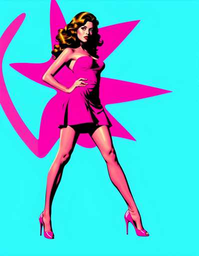 The image depicts a woman wearing a pink dress and high heels standing against a blue background with a pink flower design on the left side of her face.