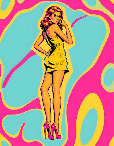 The image is a vibrant, psychedelic cartoon drawing of a woman, reminiscent of 1960s pop art. She stands in the center, facing away but looking back over her shoulder with a seductive expression. Her long, curly hair is a mix of pink and yellow, cascading down to her shoulders. She wears a tight, yellow dress that accentuates her curvy figure and falls just above her knees. Her legs are bare, and she sports high pink stiletto heels. The background is a swirling mix of bright colors, including shades of pink, yellow, and blue, creating a dynamic and eye-catching effect. The overall style is reminiscent of the iconic "Brady Bunch" era, with its bold, bright hues and stylized form.