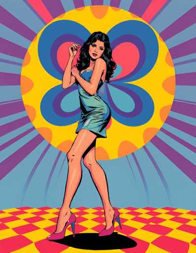 The image is a vibrant, cartoon-style illustration of a woman standing on a red and yellow checkered floor. She is wearing a short, blue dress that accentuates her long legs and is paired with pink high heels. Her long, black hair cascades down her shoulders, and she has a serious expression on her face. The woman is posed with her right arm raised, her elbow bent, and her hand near her face, while her left arm is positioned in front of her chest. She stands with her legs slightly apart, one foot forward and the other back, casting a shadow on the floor.

Behind her is a large, yellow circle with a blue and purple flower-like design at its center. Surrounding this circle are alternating rays of blue and purple, creating a dynamic backdrop. The overall scene is reminiscent of a 1960s psychedelic style, with its bold colors and intricate patterns.
