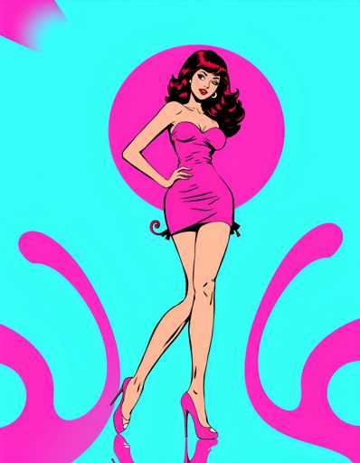 The image depicts a woman wearing a pink dress and high heels standing against a blue background with pink swirls. The woman is positioned centrally within the frame, facing towards the right side of the image.