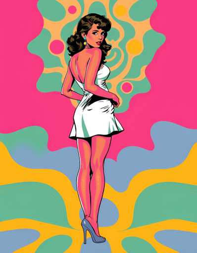 The image depicts a woman wearing a white dress and high heels standing against a vibrant background of pink, green, blue, yellow, and orange colors arranged in an abstract pattern.
