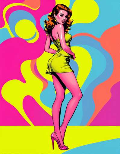 This vibrant, cartoon-style illustration features a striking woman with long, wavy red hair cascading down her back. She is dressed in a form-fitting, yellow dress that accentuates her curvaceous figure, and she stands confidently on high heels. The background is a mesmerizing blend of swirling colors, including shades of pink, yellow, blue, and orange, creating an abstract, almost psychedelic effect. The woman's pose is dynamic, with one leg slightly bent and her arms positioned behind her, as she gazes over her shoulder directly at the viewer. Her face is adorned with red lipstick and a touch of blush on her cheeks, and she wears a single earring that adds to her glamorous appearance. The overall composition is both eye-catching and detailed, capturing a sense of modern, stylized elegance.