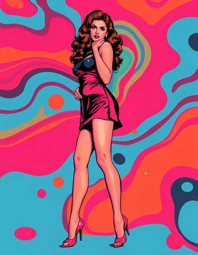 The image is a vibrant, cartoon-style drawing of a young woman, likely in her 20s, with long, wavy brown hair cascading down to her chest. She is dressed in a striking, short pink dress that accentuates her long legs and is paired with matching pink high heels. Her pose is confident and alluring, with her left hand resting on her chin and her right hand placed on her hip. She gazes directly at the viewer with a seductive expression, her head slightly tilted to the right. The background is a dynamic swirl of colors, predominantly pink, with accents of orange, blue, and purple, creating a lively and energetic atmosphere. The overall style is reminiscent of 1960s pop art, with bold lines and a vivid color palette that enhances the retro aesthetic.