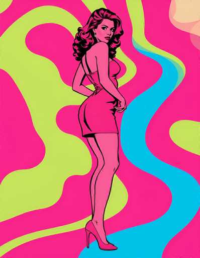 The image is a vibrant, cartoon-style illustration reminiscent of 1960s pop art, featuring a striking woman with long, curly hair. She is dressed in a pink, one-piece dress with thin straps and a short skirt, complemented by high heels. The woman stands confidently with her left hand on her hip and her right hand resting on her thigh, gazing directly at the viewer. The background is a dynamic mix of swirling colors, predominantly pink with accents of lime green and blue, creating a psychedelic effect. A blue river-like stripe meanders from the bottom right corner, curving up and to the left, adding to the whimsical and surreal atmosphere of the scene.