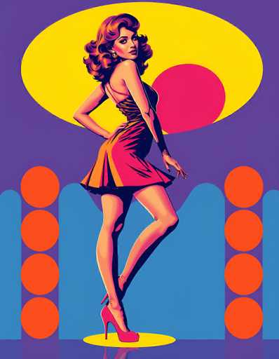 The image is a vibrant, retro-style illustration reminiscent of the 1950s or 1960s. It features a woman with long, curly hair, styled in a beehive fashion, standing on a yellow circular platform. She is wearing a strapless, short pink dress with a yellow stripe down the side and matching pink high heels. The woman is posed with her left leg slightly bent and her right leg straight, her right hand on her hip and her left hand hanging down. She is looking over her shoulder directly at the viewer. The background is a rich purple hue, adorned with a large yellow oval shape that has a smaller pink oval shape inside it. Flanking the woman are two vertical columns of four orange circles each, adding to the retro aesthetic. The overall composition is colorful and dynamic, with a distinct 1950s or 1960s vibe.