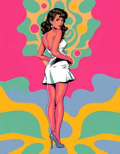 This vibrant, retro-style illustration features a striking woman with dark brown hair styled in a 1960s fashion, complete with bangs and a curly ponytail. She is depicted in a white, backless mini dress that accentuates her figure, paired with blue high heels. Her skin has a pinkish hue, and she accessorizes with blue earrings that have yellow and white accents. The woman stands with her back to the viewer, her head turned over her right shoulder, gazing directly at the camera. The background is a dynamic explosion of colors, including pink, yellow, green, and blue, with swirling patterns and dots that evoke a psychedelic 1960s aesthetic. The overall composition is reminiscent of a comic book or a stylized movie poster, capturing the essence of vintage pop art.