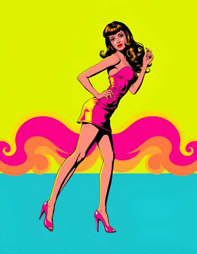 The image is a vibrant, cartoon-style illustration of a woman with long, dark brown hair featuring blonde highlights. She is dressed in a short, pink dress with yellow accents on the sides, and matching pink high heels. The woman is standing with her legs slightly apart, one leg more forward than the other, and her left arm bent with her hand near her face, while her right arm is positioned on her hip. She is looking directly at the viewer with a confident expression. The background is divided into two sections: the top half is a bright yellow, and the bottom half is a light blue. Behind her, there are stylized, wavy lines in shades of pink, orange, and yellow, adding a dynamic and colorful element to the scene.