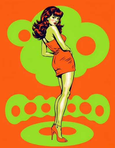 This vibrant, cartoon-style illustration features a striking woman with long, wavy red hair cascading down her back. She is dressed in a form-fitting, orange dress that accentuates her figure, paired with matching orange high heels. The woman stands confidently on a green circular platform, her body angled to the right while she gazes directly at the viewer over her shoulder. Her pose is dynamic, with one hand resting on her hip and the other positioned just below her waist. The background is a bold orange, adorned with a large green cloud-like shape that has a central hole, adding depth to the composition. Below this, a wavy green line stretches horizontally, punctuated by five evenly spaced orange circles, creating a rhythmic pattern. The overall effect is a visually captivating and energetic scene.