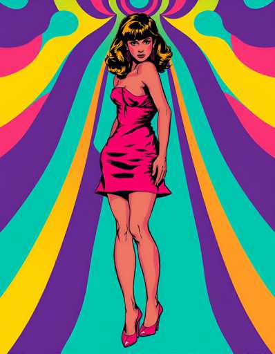 The image is a vibrant, psychedelic cartoon drawing of a young woman, likely in her 20s, with long, wavy black hair that has yellow highlights. She is wearing a strapless, pink dress that falls just above her knees and is paired with matching pink high heels. Her body is facing the viewer, but her head is turned to the right, looking back over her shoulder. She has pink earrings and pink lipstick, adding to her striking appearance. The background is a swirling mix of colors—purple, yellow, turquoise, orange, and pink—creating a dynamic, almost hypnotic effect that draws the eye towards the center. The overall composition is reminiscent of 1960s pop art, with bold colors and a slightly surreal quality.