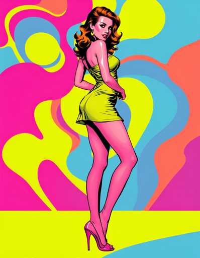 The image depicts a woman wearing a yellow dress with pink heels standing against a vibrant background of blue and orange swirls. The woman is positioned on the left side of the frame, facing towards the right.