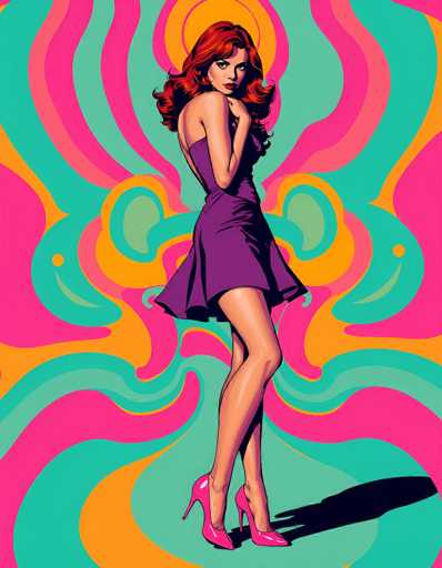 The image is a vibrant, cartoon-style illustration of a woman with long, wavy red hair cascading down her back. She is depicted in a purple dress that falls just above her knees, featuring a single shoulder strap and a back cutout. Her attire is complemented by pink high heels. The woman stands with her body facing the right side of the image, while her head is turned towards the viewer, her gaze directed over her shoulder. Her left arm is bent at the elbow, with her hand resting on her chin, and her right arm is positioned in front of her chest. The background is a swirling, psychedelic mix of colors, including shades of pink, orange, green, and blue, creating a dynamic and eye-catching contrast with her figure. The overall style is reminiscent of 1960s pop art, with bold lines and a playful, retro aesthetic.