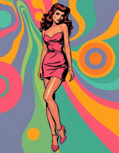 The image is a vibrant, psychedelic painting reminiscent of the 1960s, featuring a striking woman as its focal point. She stands confidently in the center, her body slightly angled to the left while her head tilts to the right, gazing directly at the viewer. Her long, wavy red hair cascades down to her shoulders, complementing her fair skin and bold red lipstick. She is adorned in a strapless, pink dress that falls just above her knees, paired with matching pink high heels. A gold bracelet adorns her left wrist, adding a touch of elegance to her retro look.

The background is a mesmerizing swirl of colors, dominated by shades of blue, pink, orange, and green. These hues blend and intertwine, creating a dynamic and almost hypnotic effect. The top left corner features a prominent pink circle with a smaller green circle inside it, while the top right corner showcases a large orange circle encircled by blue. The bottom right corner is filled with a blend of pink, orange, and green swirls, adding to the overall psychedelic atmosphere. The woman's legs are crossed, with her right leg positioned in front of her left, enhancing her poised and graceful stance.
