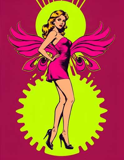 The image depicts a woman with blonde hair and blue eyes wearing a pink dress adorned with wings. She is standing on one leg against a backdrop of yellow circles radiating from the center. The entire scene is set against a purple background, creating a striking contrast between the colors.