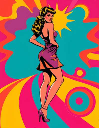 This vibrant, psychedelic illustration features a striking 1960s-style cartoon woman with long, curly blonde hair and bangs. She stands confidently, her back partially turned towards the viewer, with her head looking over her shoulder. Her attire is a short, purple dress with thin straps and a back cutout, complemented by purple high heels. The woman's pose is accentuated by her hands resting on her hips, and she gazes directly at the viewer with a serious expression.

The background is a kaleidoscope of swirling colors, including shades of yellow, pink, orange, purple, and blue. A prominent yellow sun with spiky rays is positioned behind her head, adding to the dynamic feel of the image. The entire scene is rendered in a bold, cartoon style, reminiscent of 1960s pop art, with a mix of vibrant hues and intricate details that create a visually captivating and nostalgic atmosphere.
