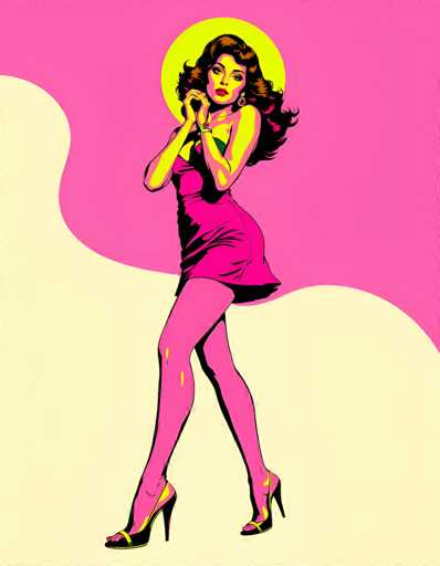 The image is a vibrant, cartoon-style illustration of a woman set against a predominantly pink background with a wavy, beige section in the bottom left corner. The woman, who has long, dark brown hair cascading down her back, is depicted with a yellowish-green complexion. She is wearing a short, pink dress that reveals her shoulders and arms, paired with black high heels. Her pose is dynamic, with her left leg slightly bent and her right leg extended, giving the impression that she is walking. She has her hands raised to her chin, and her head is turned to the right, looking over her shoulder. A yellow circle behind her head resembles a halo, adding a striking element to the composition. The overall aesthetic is reminiscent of 1950s or 1960s pop art, with bold colors and a stylized, retro feel.