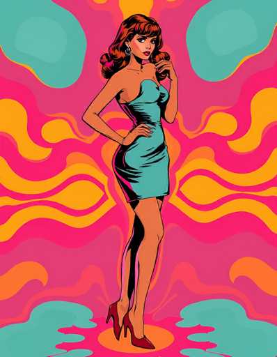 This image is a vibrant, psychedelic cartoon drawing of a woman with long, curly brown hair and bangs, standing confidently with her left hand on her hip and her right hand raised near her chin. She is dressed in a form-fitting, strapless blue dress that falls just above her knees, and she wears red high heels. The background is a swirling mix of pink, yellow, and orange hues, with blue splotches in the upper left and right corners, and more blue splotches at the bottom. The woman is positioned on a yellow circle, adding to the dynamic and colorful composition of the image.