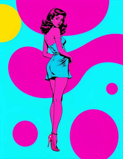 The image is a vibrant, retro-style cartoon illustration reminiscent of 1960s pop art. It features a woman with long, dark hair styled in a 1960s fashion, wearing a short blue dress and pink high heels. She stands with her back to the viewer, but her head is turned over her right shoulder, looking directly at the camera. The background is a striking turquoise blue adorned with various hot pink and yellow circles, adding to the dynamic and colorful composition. The woman's skin is a vivid pink, and she has red lips, enhancing the bold and eye-catching aesthetic of the artwork.