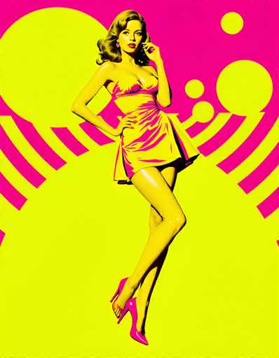 The image is a vibrant, retro-style pop art illustration featuring a woman in a striking yellow dress with pink accents. The background is predominantly bright pink, adorned with large yellow circles and wavy lines, creating a dynamic and eye-catching backdrop. The woman, who has long, wavy blonde hair, is depicted with a yellow skin tone, red lipstick, and pink earrings. She is wearing pink high heels and has one leg crossed over the other, with her right hand resting on her hip and her left hand near her face. Her expression is serious, and she gazes off to the left. The overall composition is reminiscent of 1960s or 1970s pop art, with bold colors and a stylized, graphic design aesthetic.