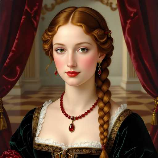 This image portrays a young woman with striking red hair styled in a braid that cascades over her left shoulder. She is adorned in a black velvet dress, intricately detailed with gold trim and white lace accents. The dress features a corset-like bodice, adding to its elegant appearance. Around her neck, she wears a red beaded necklace with a prominent pendant, and matching red earrings complete her ensemble. Her makeup is meticulously applied, with red lipstick and blush that highlight her features. The background reveals a room with a checkered floor in shades of brown and tan, and walls painted in a light gray hue. Red velvet curtains with gold tassels frame the scene, adding a touch of opulence to the setting.