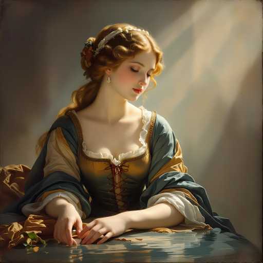 This image features a young woman, likely in her early 20s, with long, curly red hair adorned with a white headband and a small red flower. She is dressed in a Victorian-style dress that is predominantly green with gold accents and white frills around the neckline and sleeves. The dress has a lacing-up front, and she wears a ring on her left hand. Her makeup includes red lipstick and blush on her cheeks, and she has a silver earring in her right ear. The woman is seated at a shiny, reflective table, with her hands resting on its surface. She appears to be gazing down at the table, which has a brownish tint. The background is a muted gray, and there is a hint of sunlight streaming in from the right side, adding a soft glow to the scene.