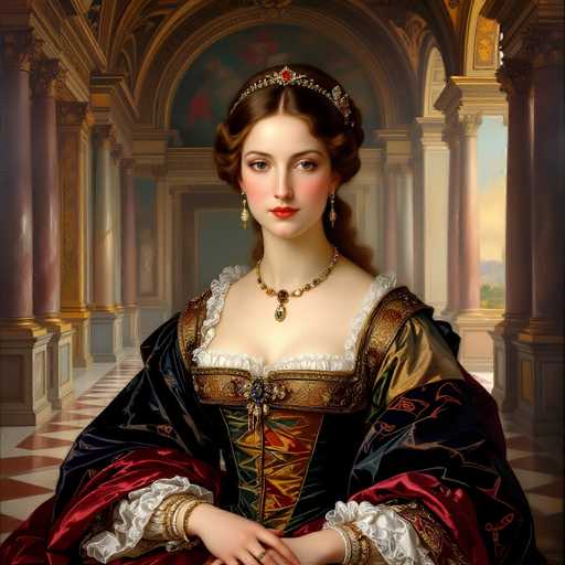 This image portrays a regal woman, possibly a queen, standing in an opulent hallway. She is adorned in a sumptuous dress featuring a black corset with intricate gold and red patterns, complemented by white frills at the neckline and sleeves. Her attire is further embellished with a luxurious cape that transitions from black to red, gold, and blue hues. The woman's long brown hair is elegantly styled in a bun, accentuated by a silver tiara set with a prominent red jewel. She wears long, dangling earrings and a matching necklace, both adorned with red jewels. Her hands are gracefully folded in front of her, showcasing a ring on her right hand and several bracelets on her left wrist. The hallway behind her is lined with grand columns and features a checkered floor of red and white tiles. Above her head, a painting depicts a serene blue sky with white clouds, adding to the majestic ambiance of the scene.