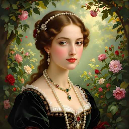 This image is a detailed, computer-generated painting of a young woman in her early 20s, dressed in Victorian-era attire. She has long, wavy brown hair styled in a bun with curls framing her face, and she wears a pearl tiara adorned with flowers. Her makeup is subtle, featuring light pink blush and red lipstick. She is adorned with multiple strands of pearls around her neck, including a double strand of pearls and a longer strand that drapes down to her chest. She also wears a brooch with a red jewel at the center of her dress, which is black with intricate gold and brown patterns, and features a white lace collar. The background is a lush garden filled with pink, red, and white flowers, with trees framing the scene on both sides. The overall composition gives the impression of a Victorian portrait, though it is clearly a modern digital creation.