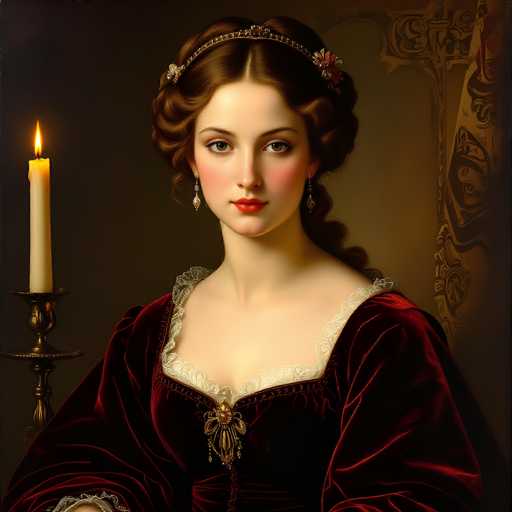 This image depicts a highly detailed, AI-generated painting of a young woman, likely in her 20s, dressed in Victorian-era attire. She has fair skin, rosy cheeks, and striking red lips. Her brown hair is styled in an elaborate updo, adorned with a headband featuring a floral design. She wears dangling earrings and a red velvet dress with intricate lace detailing around the neckline and shoulders. The dress is fastened with a brooch at the center. The woman gazes directly at the viewer with large, expressive eyes. To her left, a lit candle in a brass holder casts a warm glow, adding to the painting's realistic yet slightly surreal quality. The background is dark, with a faintly visible tapestry on the wall, enhancing the historical ambiance of the scene.