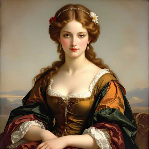 This image depicts a detailed painting of a woman from the 1700s or 1800s, seated with her arms crossed. She has long, wavy auburn hair adorned with a silver headband and flowers, including a red rose and a white daisy. Her attire is a striking gold corset with white frills around the neckline and sleeves, complemented by a green shawl with red and white accents. The corset features a front clasp and laces up the center. She wears dangling earrings and has a fair complexion with pink cheeks and red lips. The background is a muted blend of gray, blue, and white, resembling a cloudy sky with hints of mountains. The overall composition is square, with the woman's head centered at the top and her body extending down to her waist.