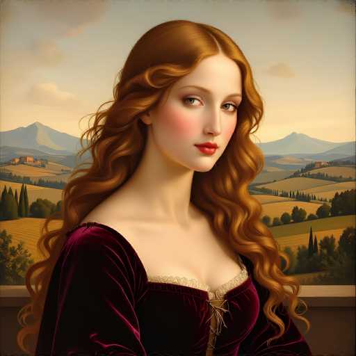 This image depicts a detailed painting of a woman with long, wavy, reddish-brown hair cascading down her back. She is wearing a dark red, velvet-like dress with a lace trim at the top and a tie in the front. Her dress is low-cut, revealing a bit of her cleavage. The woman has striking green eyes, red lips, and a fair complexion with a slight blush on her cheeks. She is gazing directly at the viewer, her head slightly turned to the right.

In the background, there is a serene landscape featuring a blue sky with scattered clouds, a mountain range, and a valley filled with green trees and fields. A small house is visible in the distance on the left side of the painting. The scene is framed by a wooden railing, suggesting that the woman is standing on a balcony or porch. The overall composition exudes a sense of tranquility and timeless beauty.