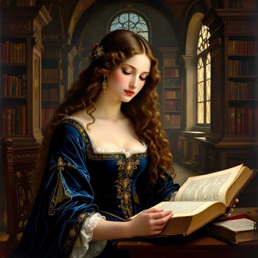 The image depicts a young woman with long, curly brown hair adorned with a flower clip on the left side. She is dressed in an elaborate blue velvet gown, intricately detailed with gold embroidery and lace trim around the neckline. The gown features a deep V-neckline, revealing a hint of cleavage, and is complemented by a matching blue cape. Her attire is further accentuated by white lace trim at the sleeves and a gold brooch on her chest. The woman is seated at a wooden desk, engrossed in reading a large open book with yellowed pages, which rests on a wooden stand. The background reveals an ornate library with tall bookshelves filled with books, arched windows, and a stained glass window above her head, all contributing to the grandeur of the setting.