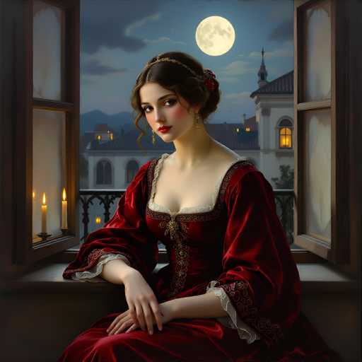 A young woman, possibly in her late teens or early twenties, sits gracefully on a windowsill, her body angled towards the left while her head is turned to face the viewer. She wears a stunning red velvet gown adorned with intricate lace details around the neckline and sleeves. Her dark brown hair is elegantly styled in an updo, with a few tendrils softly framing her face. A delicate headband sits atop her head, complementing her long, dangling earrings. Her makeup is striking, with bold red lipstick and blush highlighting her cheeks.

The scene is set at night, with a large, luminous full moon casting a soft glow over the landscape. The sky is a deep blue, dotted with wispy clouds. Below, the silhouette of a building with a steeple and a few lit windows can be seen, adding to the serene ambiance. The window she sits on is open, and three lit candles in a candlestick holder are placed on the sill, their reflections visible in the glass. The window frame is a rich brown, harmonizing with the overall warm and romantic atmosphere of the image.
