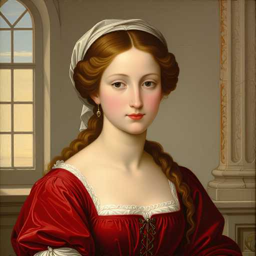 This image depicts a detailed painting of a woman with striking features. She has long, curly brown hair that cascades down to her chest, partially covered by a white cloth. Her face is adorned with rosy cheeks and pink lips, and she wears a single earring. The woman is dressed in a red dress with a white collar and a green tie at the front, which appears to be made of velvet. The background features a white wall with a window on the left side, through which a blue sky is visible. On the right side of the image, there is a white pillar with a yellow design. The overall composition and style suggest that the painting could be from the 1800s.