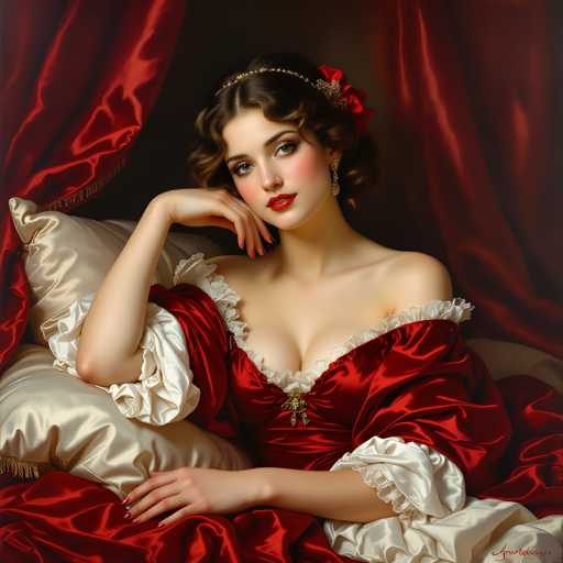 A woman is seated on a bed with white and red sheets, wearing a red dress that has a ruffled collar and lace sleeves. She is holding her hand up to her face in a contemplative pose. The background features a red curtain, which complements the color of the woman's dress.