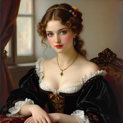 This image portrays a young woman, likely in her early 20s, seated in a chair. She has fair skin and striking blue eyes, complemented by her red lips and rosy cheeks. Her brown hair is styled in soft curls, adorned with a headband that features a floral design. She wears a black dress with a white frilly collar and matching frills at the sleeves, which are puffy and extend to her elbows. A gold necklace with a pendant graces her neck, and she has small earrings. The chair she sits on is black with a gold design, and a red cloth is visible in the bottom left corner of the image. The background includes a white wall and a window with a brown frame, through which light filters in. A red curtain is partially visible on the left side of the image.