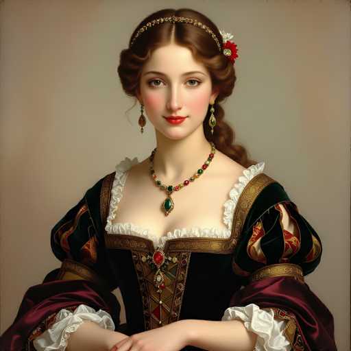 This image features a detailed painting of a young woman, likely in her late teens or early twenties, with fair skin and brown hair styled in a half-up, half-down manner. She is adorned with a headband and wears long, dangling earrings. Her attire is reminiscent of a Victorian-era dress, characterized by its intricate design and rich colors. The dress is primarily black with gold trim and features a white frill around the neckline and chest area. The bodice is accentuated with a gold band and a red gem at the center, while the sleeves are puffy and made of a burgundy material. A necklace with a prominent green gemstone and additional red and green gems complements her outfit. The background of the painting is a muted grayish-brown, which helps to highlight the subject's detailed and colorful attire.
