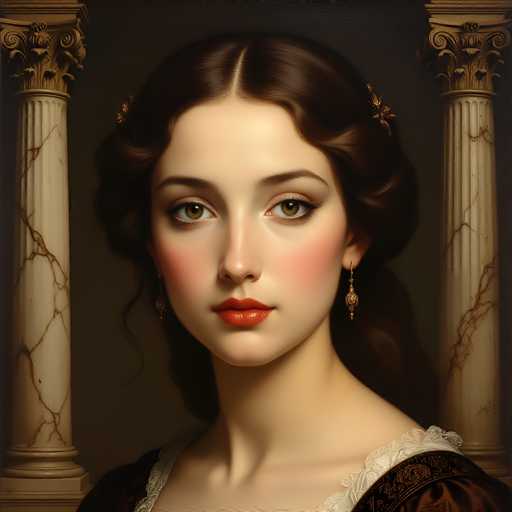 This image features a young woman, likely in her late teens or early twenties, with a strikingly beautiful appearance. She has long, dark brown hair styled in an elegant updo, with a few loose strands framing her face. Her hair is adorned with delicate gold barrettes, adding a touch of sophistication. Her complexion is fair, and she wears subtle makeup that enhances her natural beauty. Her eyes are a captivating greenish-brown, and her lips are painted a soft pink. She is dressed in a black gown with intricate gold embroidery, and the neckline is accented with white lace, giving the outfit a classic, refined look. The background is a muted gray, which helps to highlight her features and attire. Flanking her on either side are two tall, white marble columns, each featuring elegant gold carvings at the top, adding a touch of grandeur to the scene.