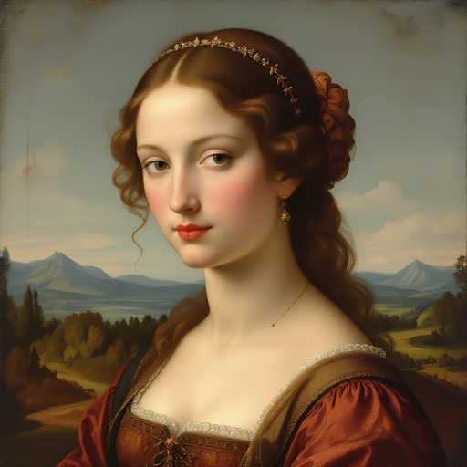 This image depicts a detailed painting of a young woman, likely from the 16th or 17th century, set against a backdrop of a serene landscape. The woman, who appears to be in her early 20s, has long, wavy brown hair adorned with a delicate headband and a large, elegant bun. Her striking green eyes are accentuated by her red lips and rosy cheeks, giving her a timeless beauty. She wears a richly colored dress in shades of red and brown, featuring intricate lace details around the neckline and shoulders. A gold necklace and dangling earrings complete her elegant attire. The background showcases a picturesque scene with green mountains, rolling hills, and a clear blue sky dotted with white clouds, adding to the overall tranquility and classic beauty of the painting.