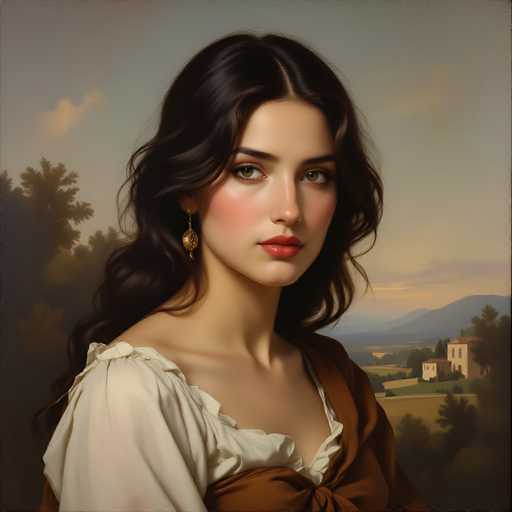 A portrait of a woman in the style of a Renaissance painting, with a focus on soft lighting and detailed textures. She has long, wavy dark hair, fair skin, and striking brown eyes. She is wearing a light-colored blouse with ruffled details and a dark brown draped garment, adorned with ornate gold earrings. The background is a landscape painting with rolling hills, a distant castle, and a soft, warm sky. The overall mood is one of elegance and serenity.