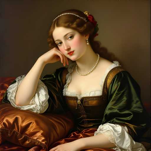 This image depicts a detailed painting of a woman from the 1800s, seated on a bed adorned with a luxurious, copper-colored satin pillow. The woman is dressed in an elaborate green gown with intricate brown and white lace detailing. Her gown features a bustier-like bodice, adding to the historical authenticity of her attire. She wears a pearl necklace and matching pearl earrings, complementing her elegant appearance. Her brown hair is styled in an updo, adorned with a headband and a red flower, enhancing her sophisticated look. The woman's expression is one of contemplation, as she gazes off to the side with her head resting on her hand. The background is a simple brown wall, which serves to highlight the subject's detailed and ornate features.