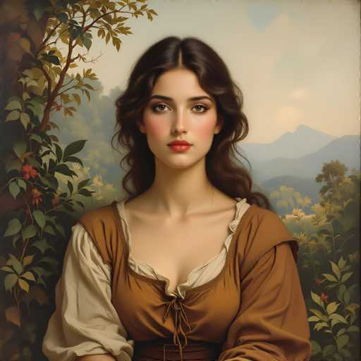 This image portrays a young woman with long, dark brown hair that cascades down her back. She has striking brown eyes and a fair complexion, accentuated by her bright red lips. Her attire consists of a brown dress with a white lining underneath, which features a low neckline that reveals a hint of cleavage. The dress is adorned with a brown string tied at the front. The background is a serene landscape with a sky that transitions from light blue to white, dotted with clouds. In the distance, a mountain range is visible, with the peaks appearing in shades of blue and gray. The foreground is lush with greenery, including a tree on the left side of the image, which has brown branches and green leaves. The tree is also adorned with red flowers, adding a splash of color to the scene.